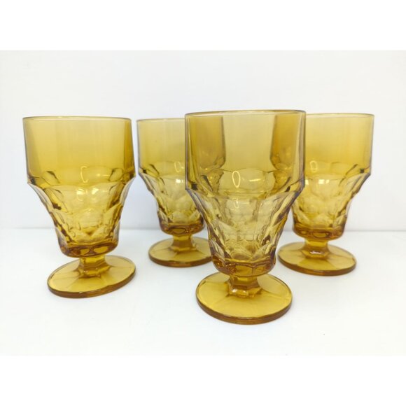 Set of 4 Anchor Hocking Topaz Amber Georgian Footed Iced Tea Glasses 5" vintage - Picture 2 of 9
